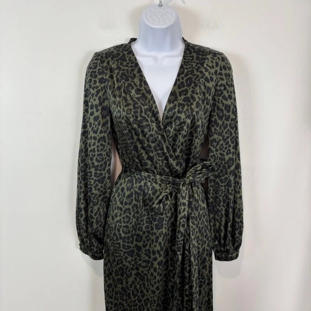 Express Silky Wrap Dress Ruffled Midi Green Leopard S